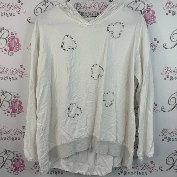 Kar-ma sweater rhinestone details Italy White Hooded Top with Heart Accents - Picture 1 of 13